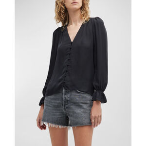 NWT Joie Bolona Poet-Sleeve Button-Front Silk Blouse Black - Size XS
